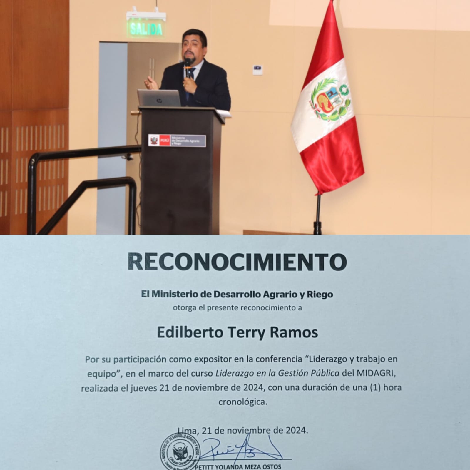 Nuestro Socio Fundador Edilberto Terry tuvo la grata oportunidad de compartir su experiencia con los servidores públicos del Ministerio de Desarrollo Agrario y Riego con la ponencia “Liderazgo y trabajo en equipo”